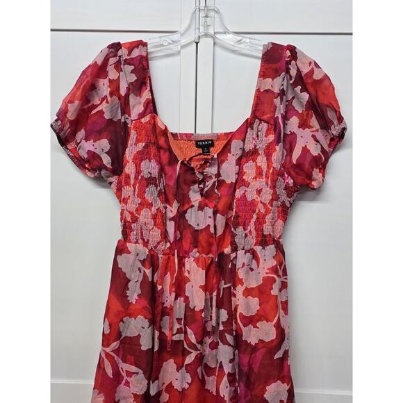 Torrid Dress Women's Size 0X Vibrant Color Midi Cotton Clip Dot Lace Up Smocked - Picture 4 of 7